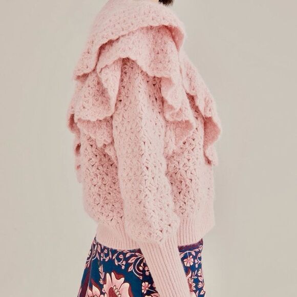 NEW FARM Rio Pink Flower Texture Knit Cardigan Sweater Button Ruffle Size L - Picture 3 of 16